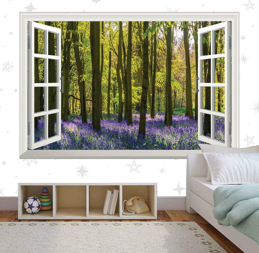 3D Window View Wall Decal: Purple Flower Forest Vinyl Mural
