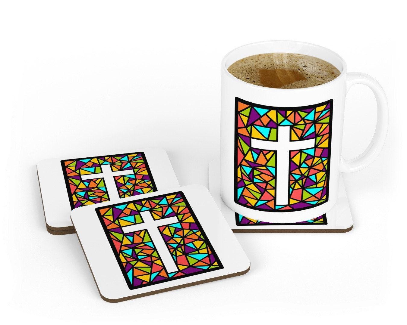 Stained Glass Cross Mug & Coaster Set: Religious Gift