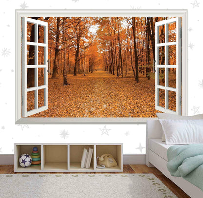 Autumn Wall Sticker Trees Orange Forest 3d Window View Wall Decal Office Vinyl Mural