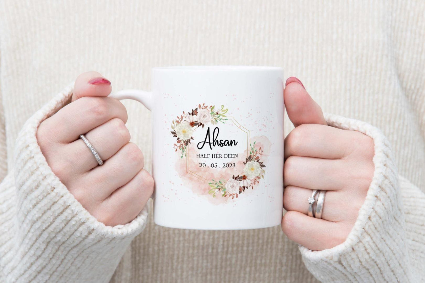 Personalised Islamic Couple Mug Set: Floral Wedding Gifts