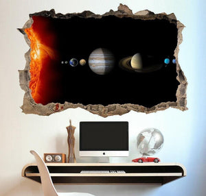 Space Planets Wall Stickers Solar System 3d Window View Wall Decal Crack Effect Poster Wall Vinyl Office Mural