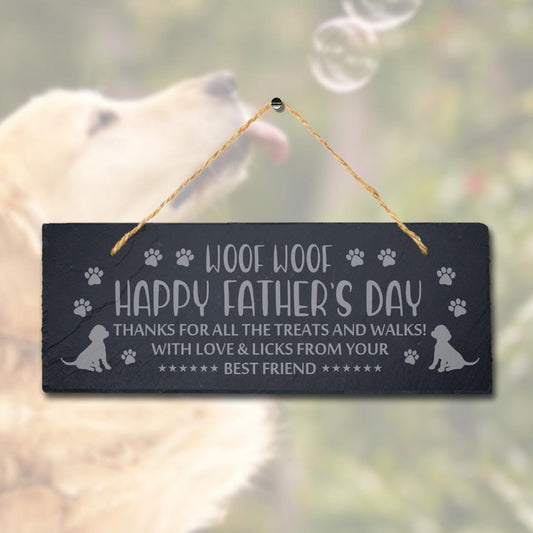 Happy Fathers Day Laser Engraved Hanging Natural Slate Dog Puppy Plaque Sign