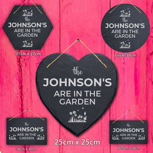 Personalised In The Garden Family Name Hanging Slate Engraved Sign Plaque