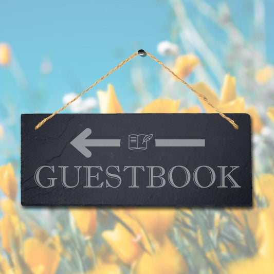Guest Book Right Way Arrow Engraved Hanging Slate Wedding Venue Plaque Sign