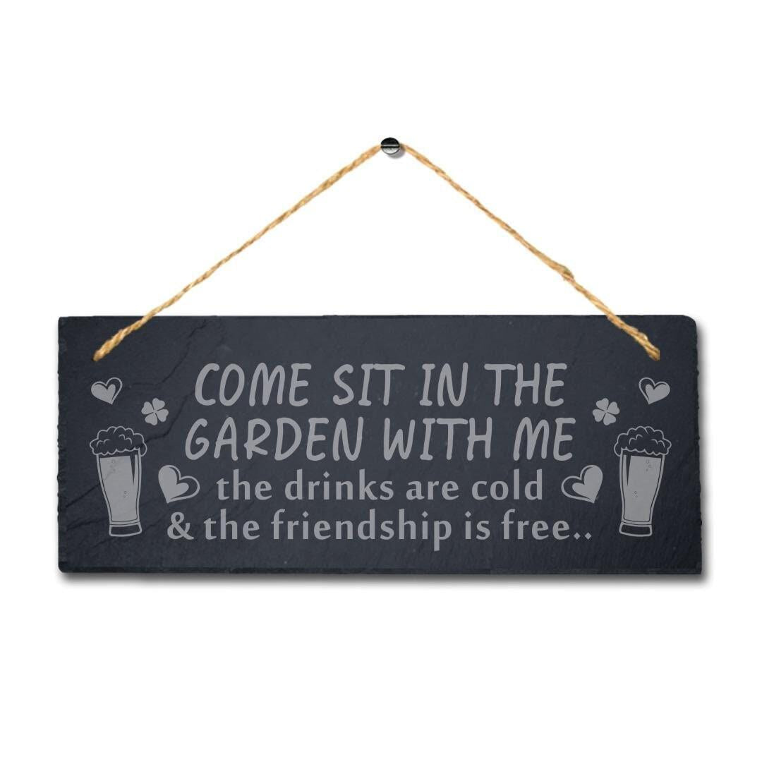 Come Sit In Garden With Me Friendship Engraved Hanging Slate Garden Plaque Sign