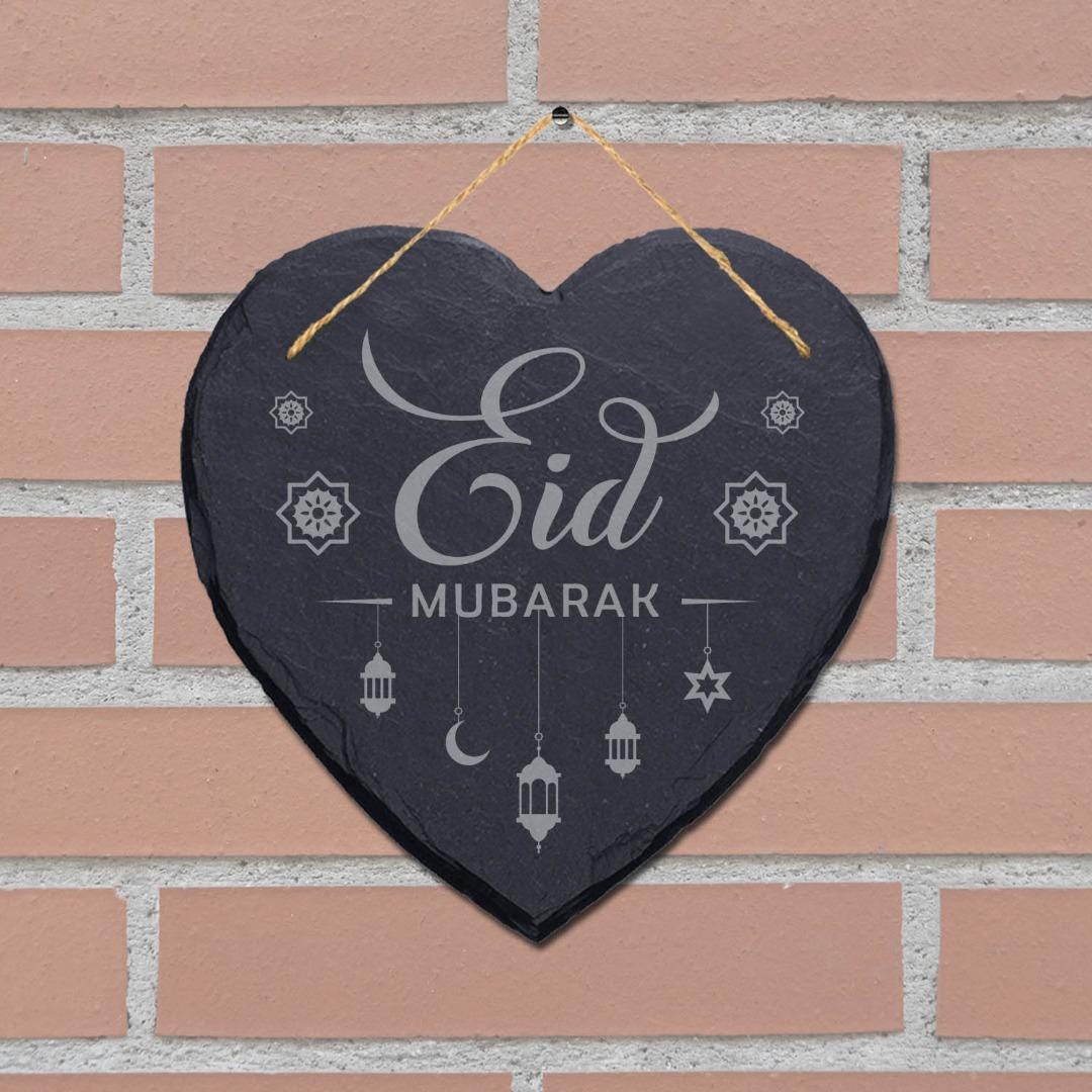 Eid Mubarak Engraved Wall Hanging Celebration Islamic Heart Home Slate Plaque Sign