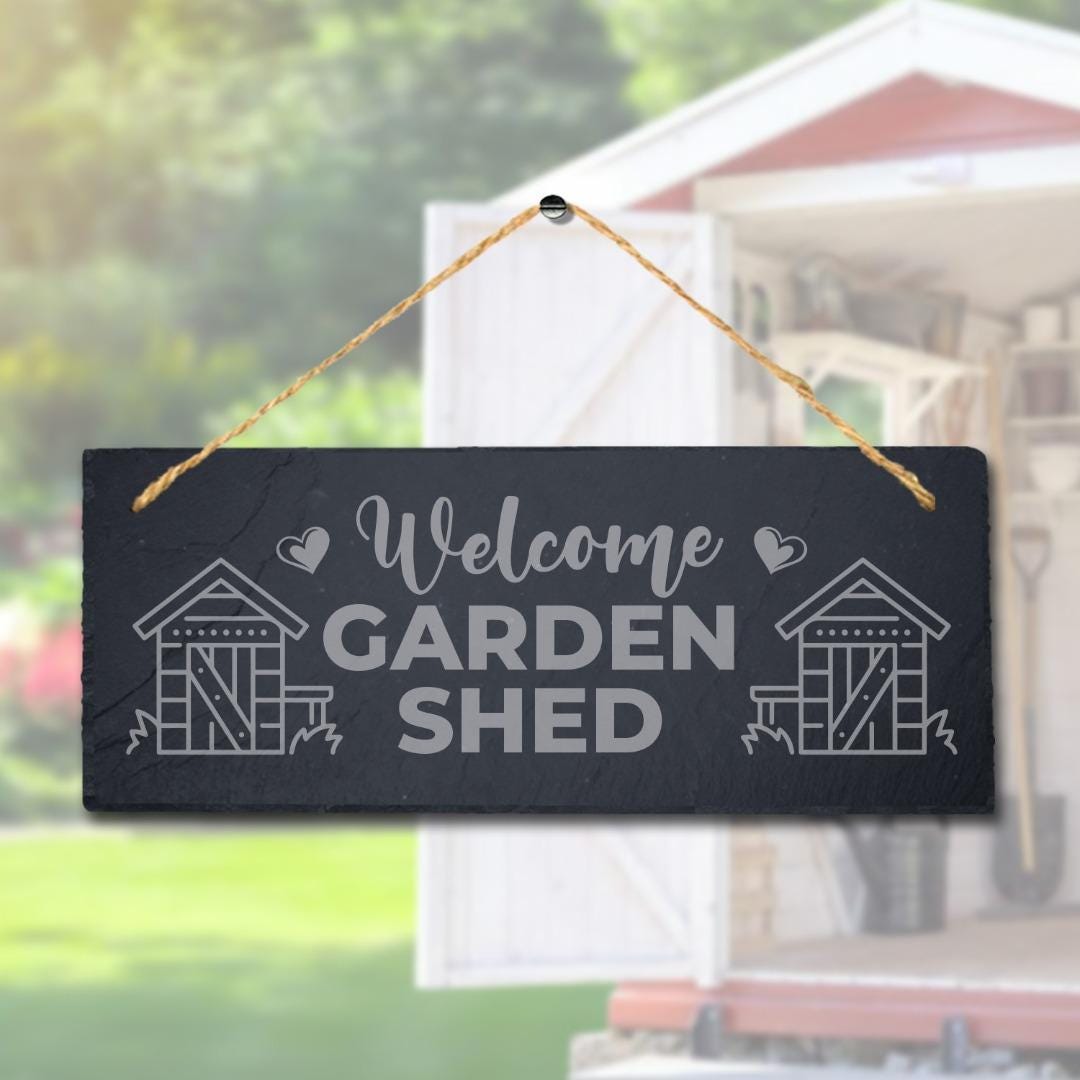 Laser Engraved Welcome Garden Shed Slate Sign with Jute Rope