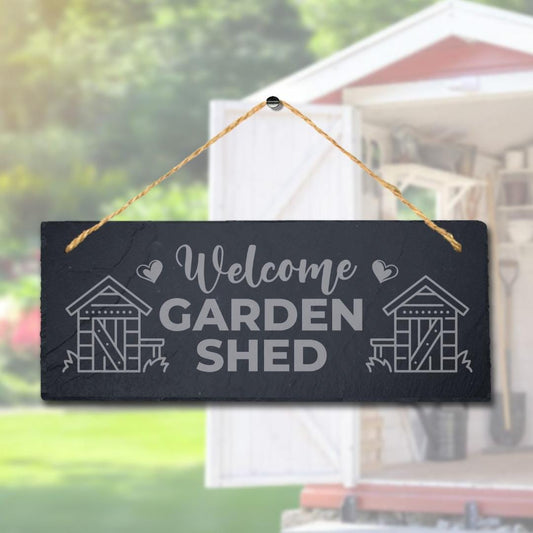 Laser Engraved Welcome Garden Shed Slate Sign with Jute Rope