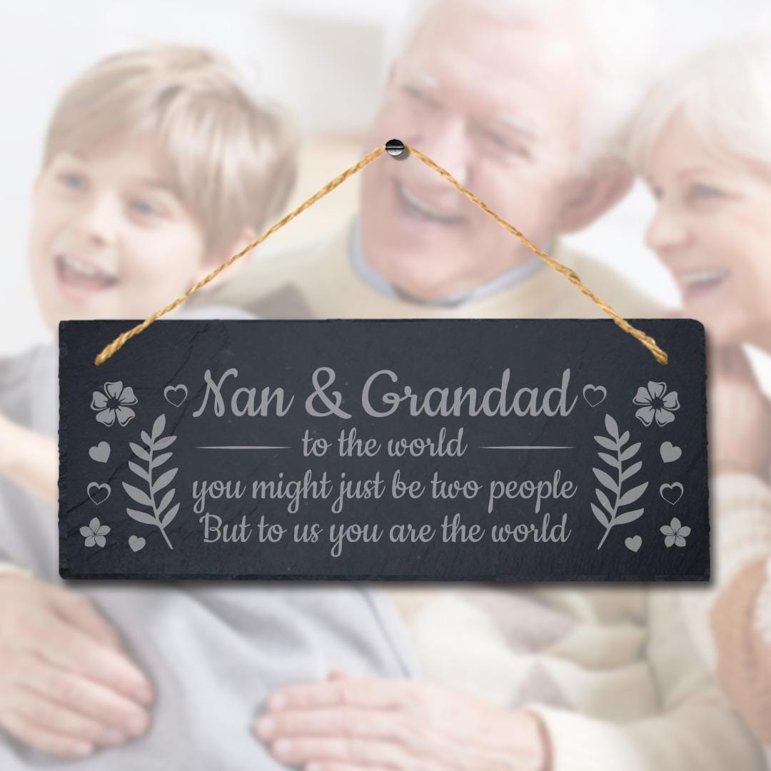 Nan And Grandad World Hanging Slate Engraved Plaque Mothers Fathers Gift Sign