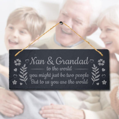 Nan And Grandad World Hanging Slate Engraved Plaque Mothers Fathers Gift Sign
