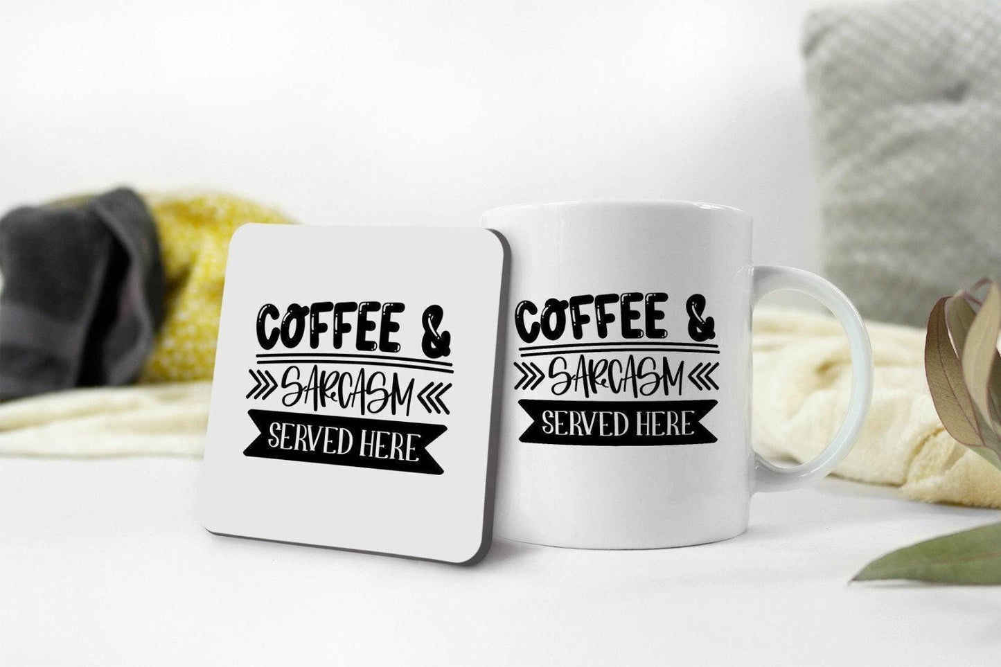 Coffee & Sarcasm Served Here - Funny Ceramic Novelty Mug And Coaster Coffee Tea Cup Gift
