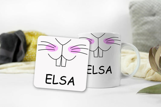 Personalised Bunny Face Mug and Coaster Set: Custom Keepsake Gift
