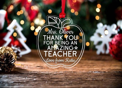 Personalised Teacher Christmas Bauble: Laser Engraved Acrylic Apple Ornament