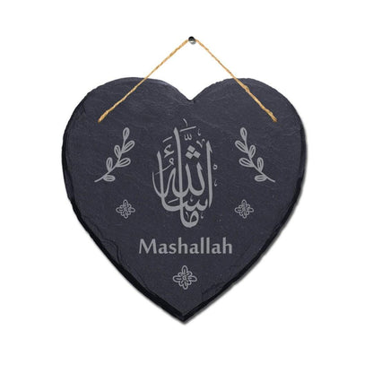 Mashallah Laser Engraved Islamic Wall Hanging Slate Heart Shape Plaque Sign