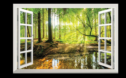 3D Forest Window View Wall Decal: Green Tree Sunset Mural