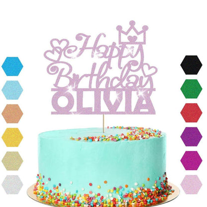 Personalised Princess Crown Glitter Happy Birthday Cake Topper Party Decoration