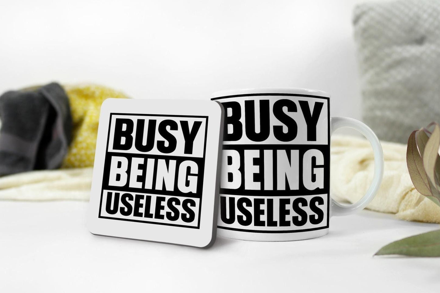 Busy Being Useless Mug & Coaster Set Funny Employees Workers Employers Tea Gift