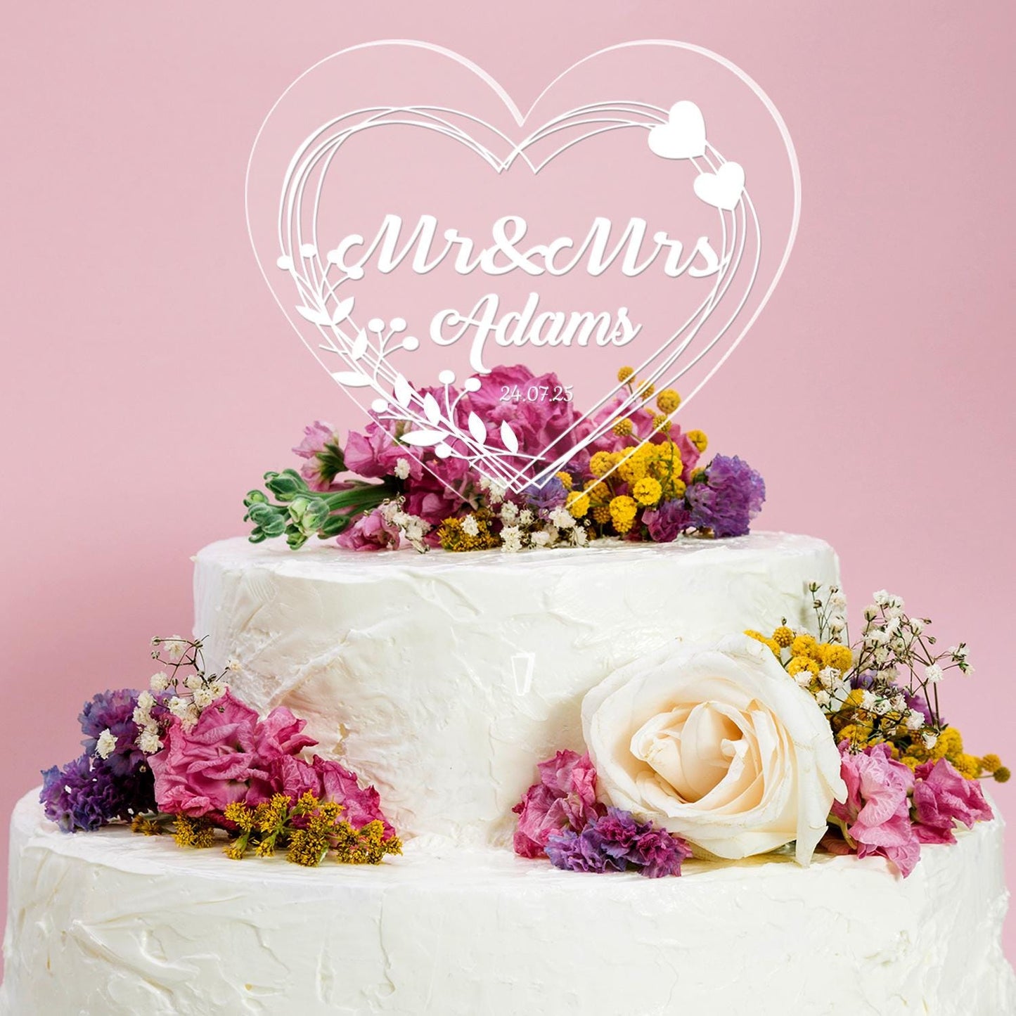 Personalised Name Heart Wedding Cake Topper Mr & Mrs Engraved Acrylic Decoration
