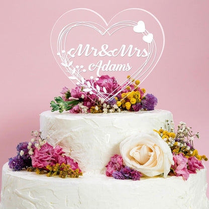 Personalised Name Heart Wedding Cake Topper Mr & Mrs Engraved Acrylic Decoration