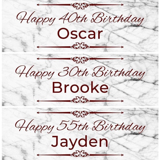 2 Personalised White Marble Effect Birthday Celebration Banner Decoration Poster