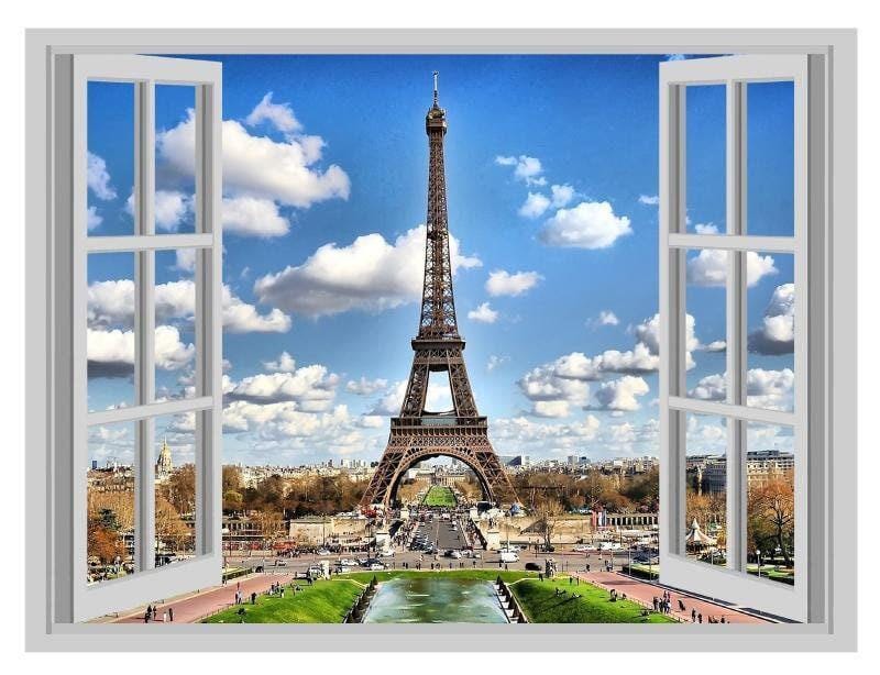 Eiffel Tower 3D Window View Wall Decal: Paris France Poster (45x60cm)