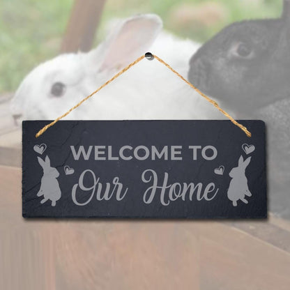 Welcome To Our Home Laser Engraved Hanging Slate Rabbit Bunny Plaque Sign
