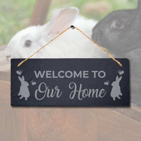 Welcome To Our Home Laser Engraved Hanging Slate Rabbit Bunny Plaque Sign