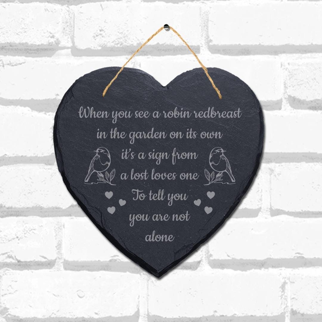 Robin Redbreast Garden Engraved Hanging Memorial Heart Shape Slate Plaque Sign