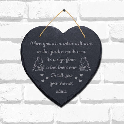 Robin Redbreast Garden Engraved Hanging Memorial Heart Shape Slate Plaque Sign