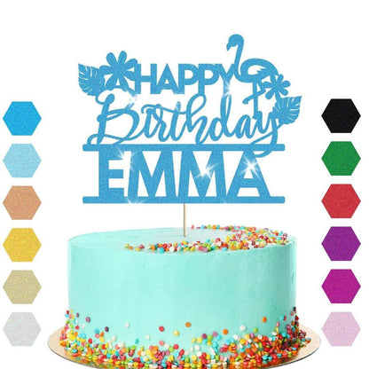 Personalised Flamingo Glitter Happy Birthday Cake Topper Party Cake Decoration