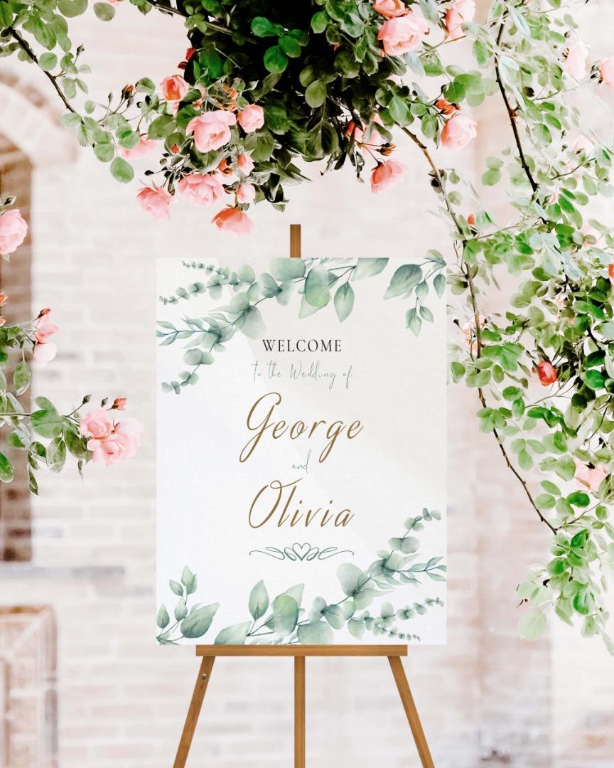 Personalised Eucalyptus Wedding Welcome Sign: Floral Print, Custom Text