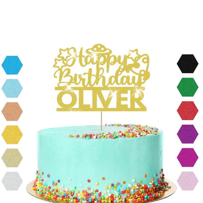 Personalised Glitter Outer Space Birthday Cake Topper: Alien UFO Theme Party Decoration
