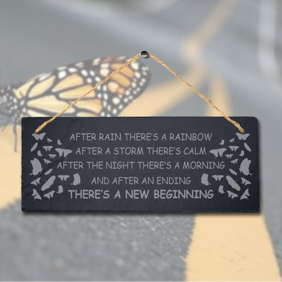After Rain There Is Rainbow Laser Engraved Hanging Slate Garden Plaque Sign