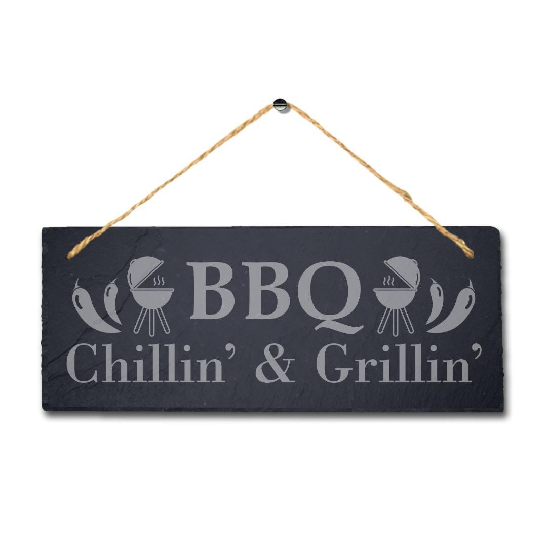 Bbq Chillin Grillin Laser Engraved Hanging Slate Party Home Decor Plaque Sign
