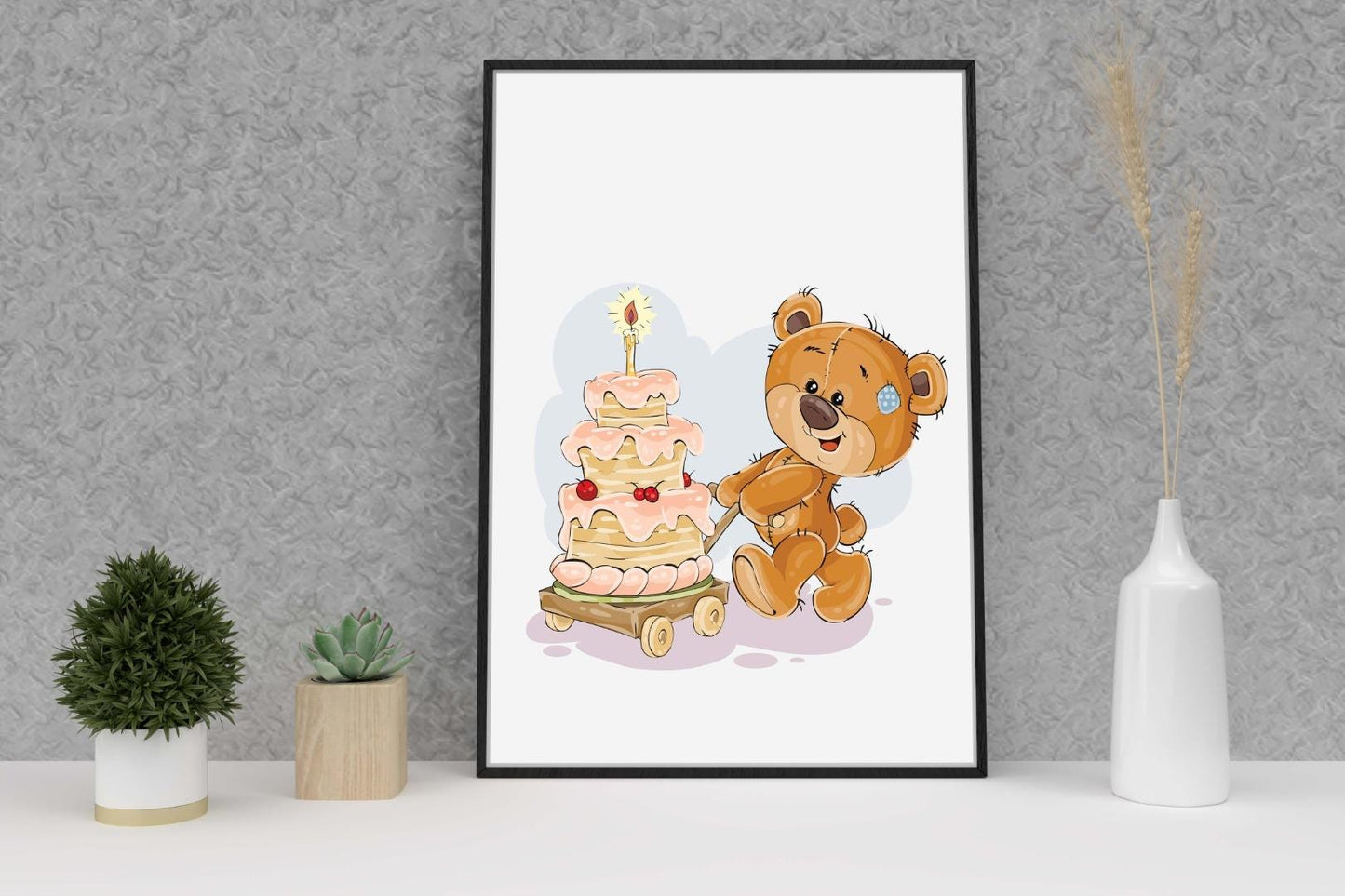 Teddy Bear Birthday Cake Art Print, Nursery Decor Poster