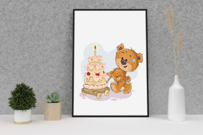 Teddy Bear Birthday Cake Art Print, Nursery Decor Poster