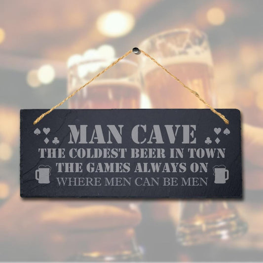 Man Cave The Coldest Beer In Laser Engraved Hanging Slate Pub Shed Plaque Sign