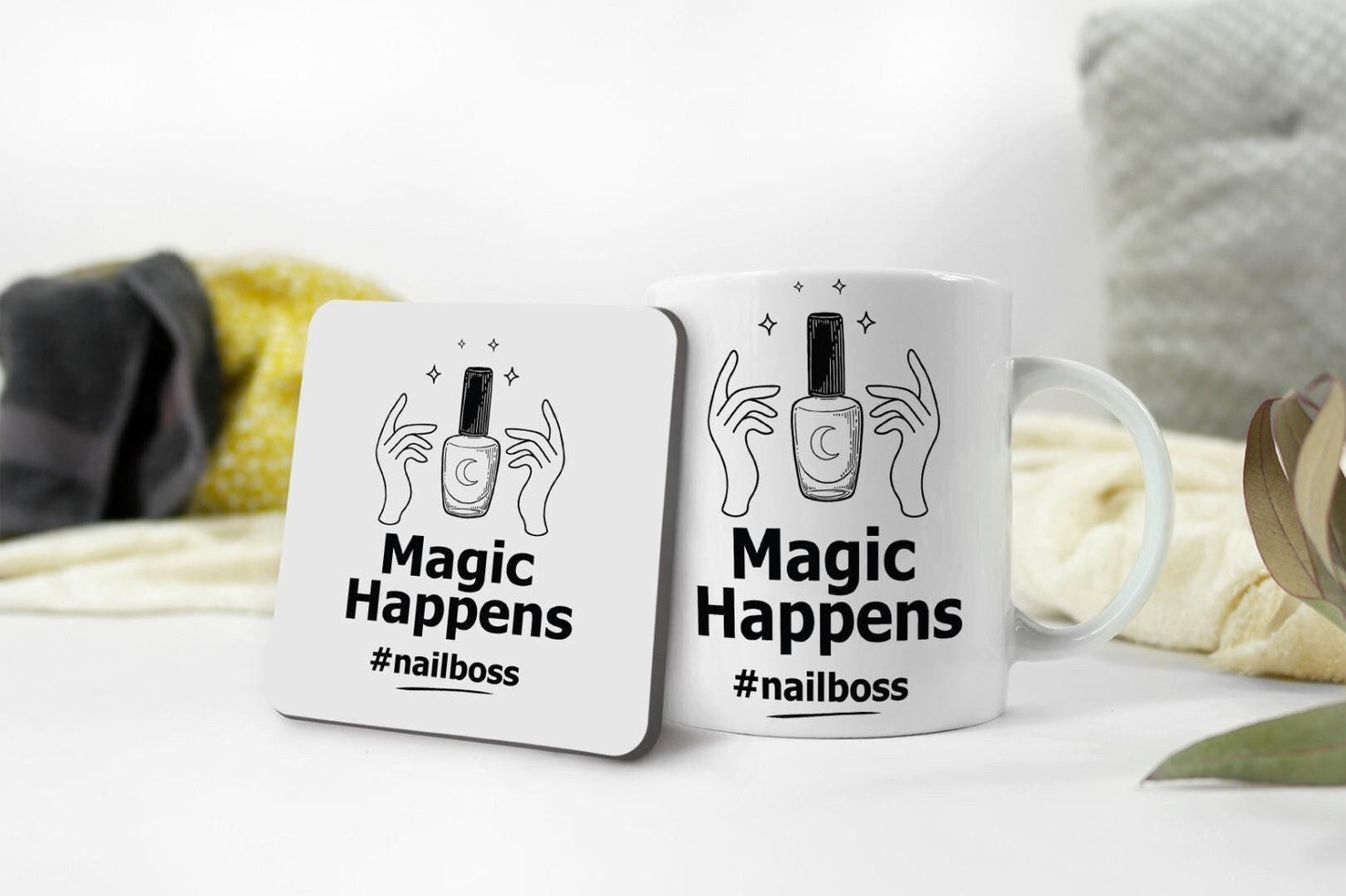 Magic Happens Mug & Coaster Set Girls Nail Artist Christmas Birthday Coffee Gift
