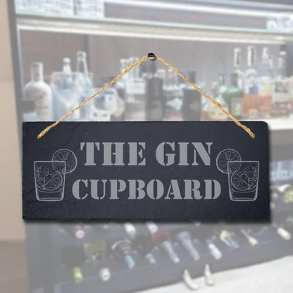 The Gin Cupboard Laser Engraved Bar Hanging Slate Rustic Home Decor Plaque Sign