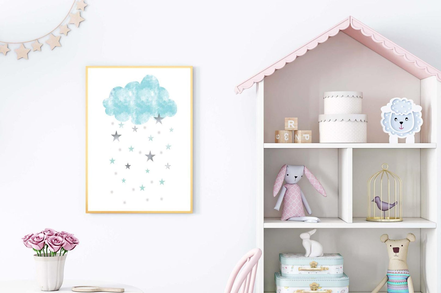 Raining Stars Cloud Kids Boho Watercolour Hand Painted Effect Nursery Art Poster