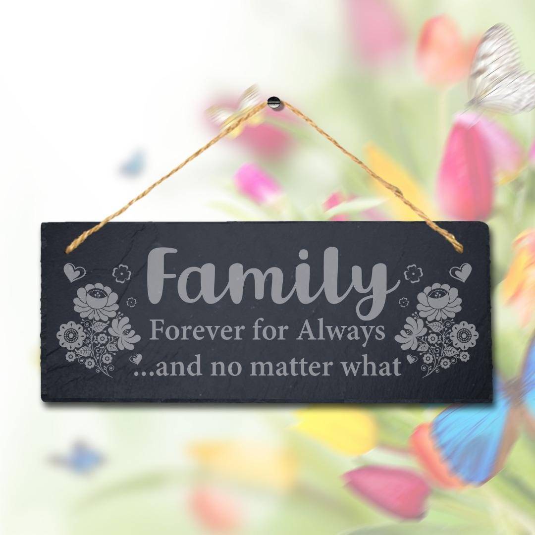 Family Forever For Always Laser Engraved Hanging Slate Home Decor Plaque Sign