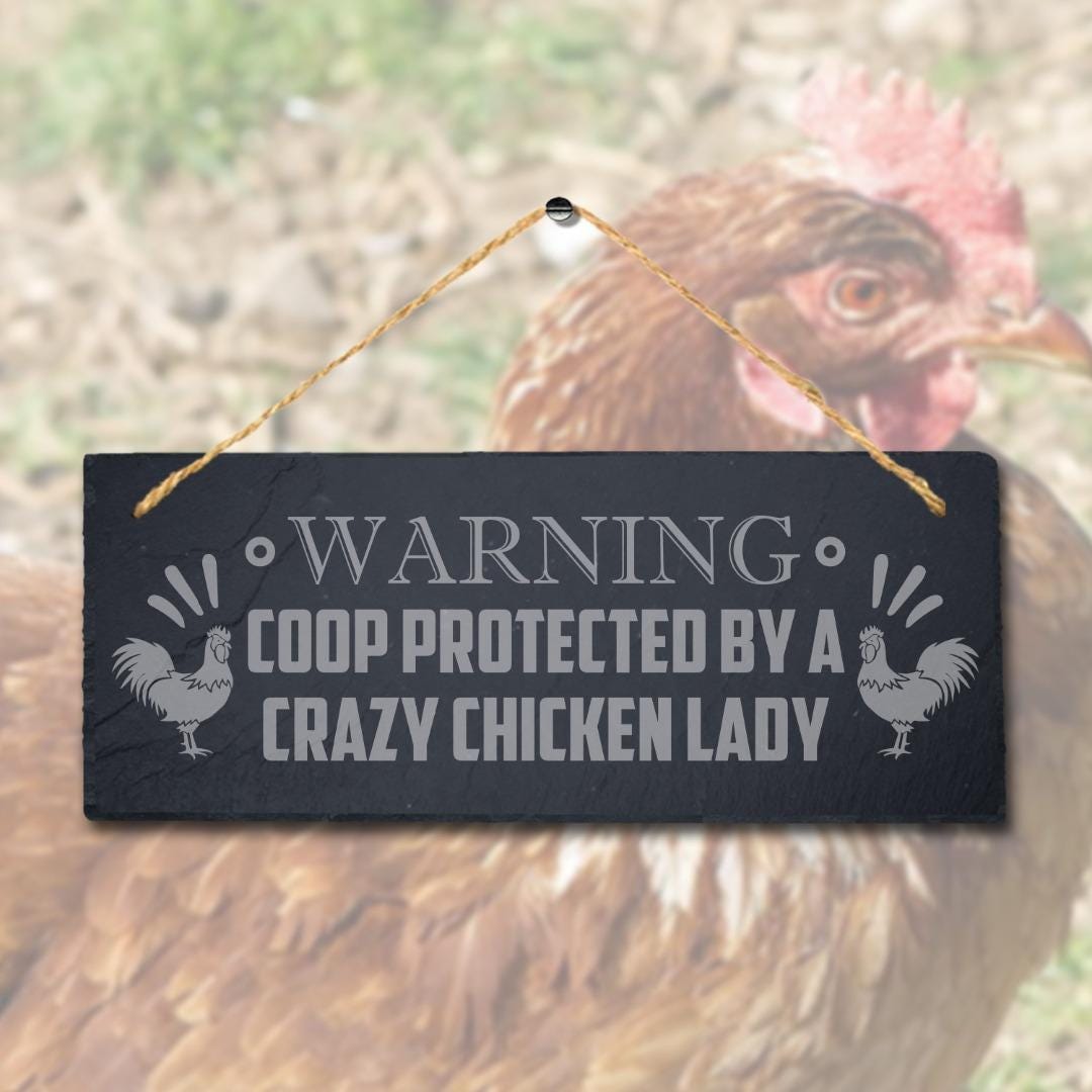 Warning Coop Protected By Chicken Lady Hanging Slate Chick Hen Shed Plaque Sign