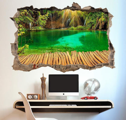 Green Lagoon Waterfall Wall Decal: 3D Window View Mural (45cm x 60cm)