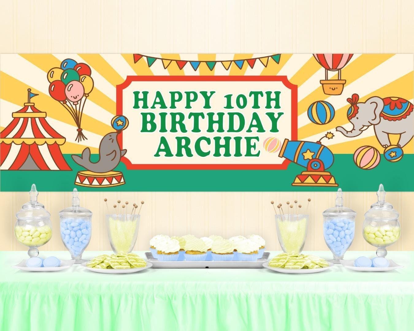 Personalised Circus Birthday Banner: Custom Name & Age, Party Decoration