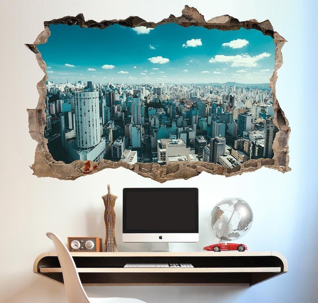 Sao Paulo Cityscape Wall Sticker: 3D Window View, Urban Decor