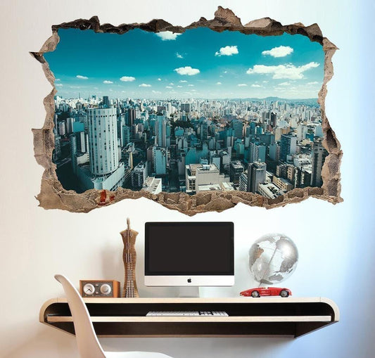Sao Paulo Cityscape Wall Sticker: 3D Window View, Urban Decor