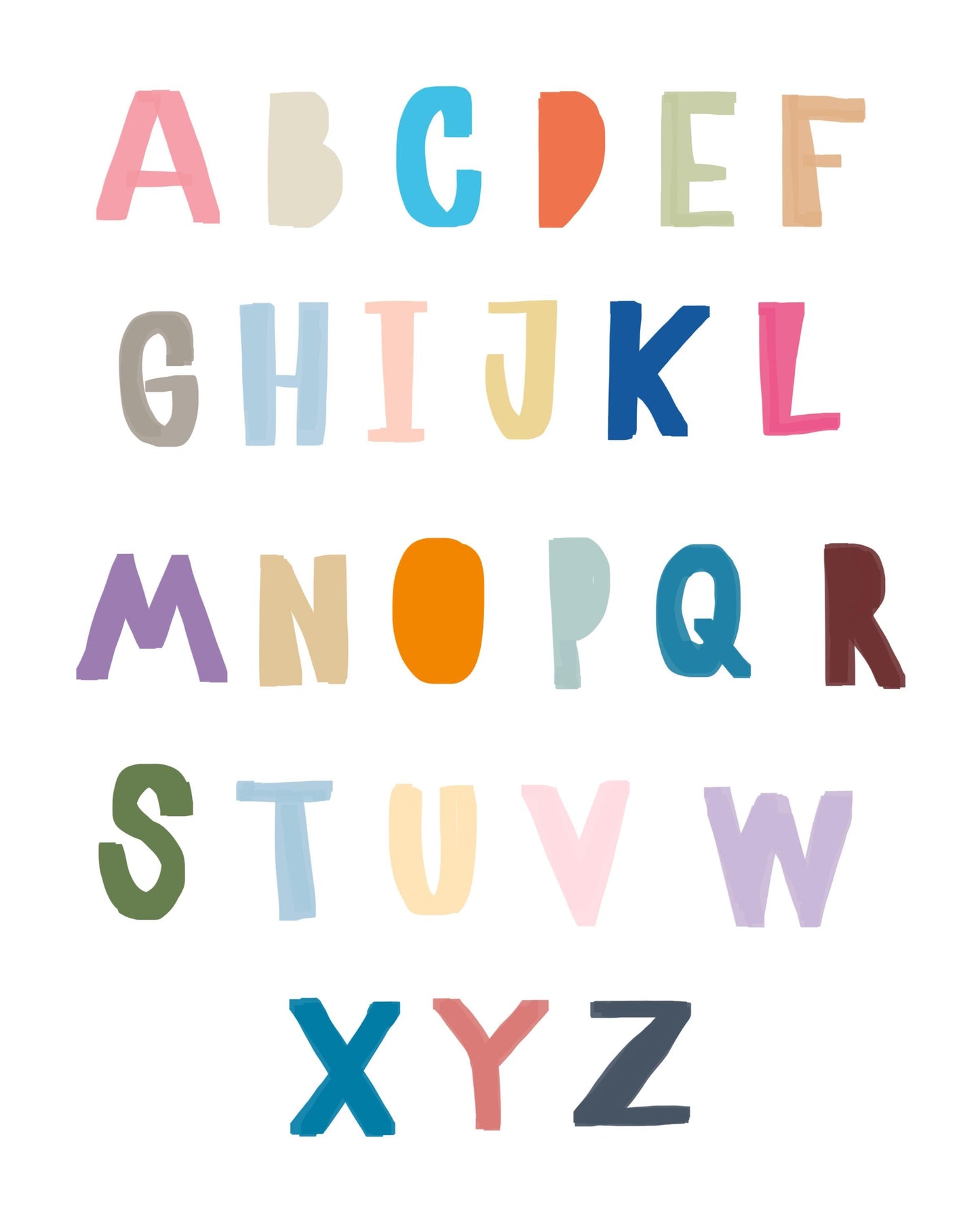 A To Z Alphabet Kids Boho Watercolour Hand Painted Effect Nursery Wall Poster