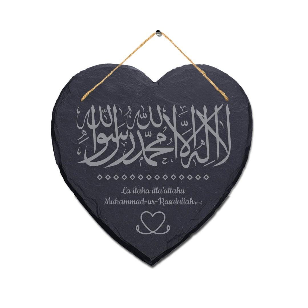Kalima Tayyab Engraved Wall Hanging Islamic Arabic Calligraphy Heart Slate Sign