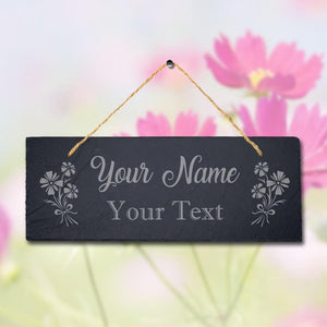 Personalised Name Text Laser Engraved Hanging Slate Flower Garden Plaque Sign