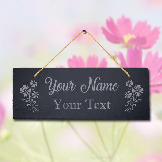 Personalised Name Text Laser Engraved Hanging Slate Flower Garden Plaque Sign
